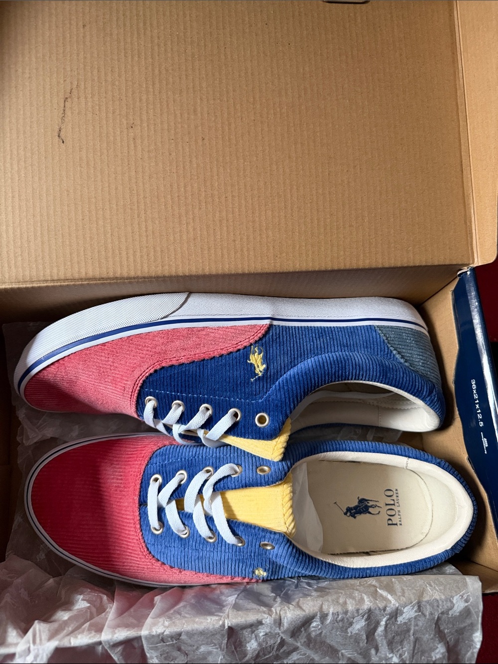 Polo by Ralph Lauren Kids Corduroy Low-Top Sneakers in Blue, Pink & Yellow